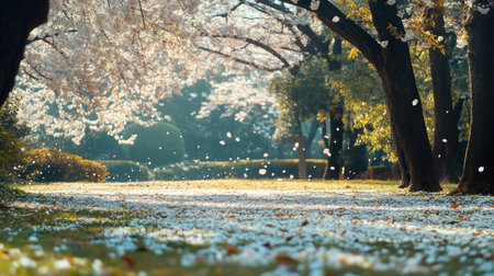 A tranquil spring scene featuring cherry blossoms shedding petals in a sunlit park. The beauty of nature creates a serene atmosphere perfect for relaxation.の素材