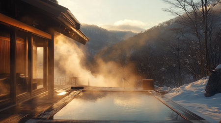 Experience a serene hot spring retreat surrounded by snowy mountains. This scenic outdoor pool, shrouded in steam, invites relaxation and tranquility at dawn.の素材