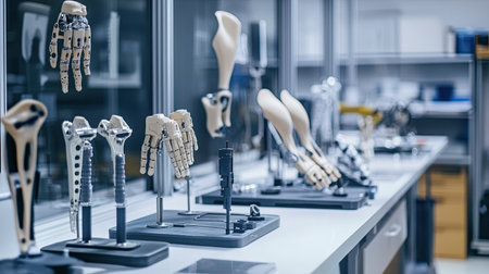 Explore a modern laboratory showcasing advanced prosthetic devices designed for rehabilitation and support. Innovative technology enhances mobility and functionality.の素材