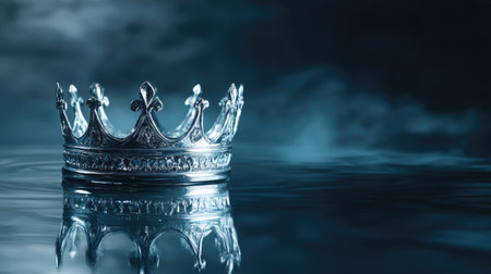 This image features an elegant silver crown reflecting on a calm water surface, set against a dark, atmospheric background. Ideal for themes of royalty and luxury.の素材