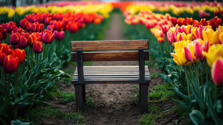 A tranquil wooden bench is set amidst a stunning field of vibrant tulip flowers, creating a peaceful spot for relaxation and appreciation of nature's beauty.の素材