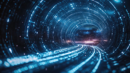 Experience an immersive journey through a futuristic tunnel filled with glowing particles and vibrant light, conveying a sense of motion and energy.の素材