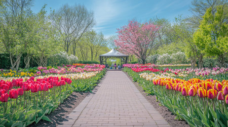 A scenic view of a flower garden pathway lined with vibrant tulips in red, yellow, and pink. A charming gazebo stands under a clear blue sky, surrounded by blooming trees.の素材