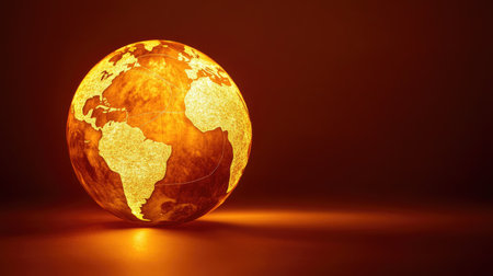 Captivating glowing globe of Earth showcasing illuminated continents against a warm background. Ideal for themes of geography, nature, and travel.の素材