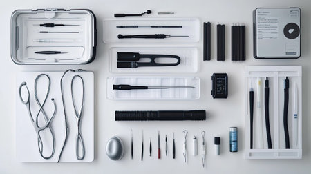 A meticulously organized collection of medical tools and equipment displayed on a white background, showcasing precision instruments essential for healthcare professionals.の素材