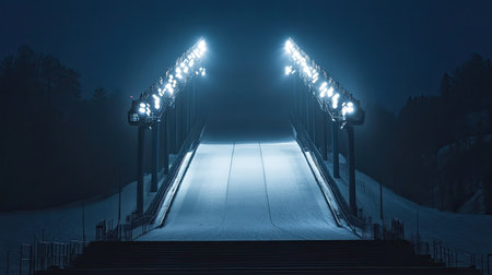 A serene view of a snowy ski jump illuminated by bright stadium lights at night. The empty slope evokes a sense of tranquility and solitude in winter sports.の素材