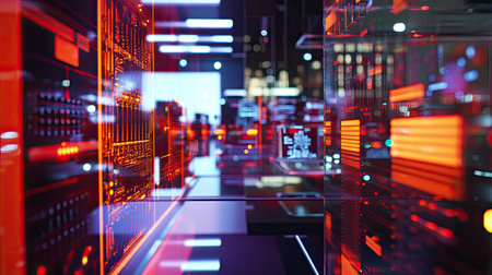 Explore a futuristic data center featuring glowing panels, intricate circuits, and advanced technology. Experience a world of digital innovation and connectivity.の素材