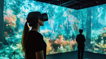 A woman explores a breathtaking virtual reality experience, surrounded by vibrant forest visuals. Innovation meets nature in this immersive technology exhibition.の素材