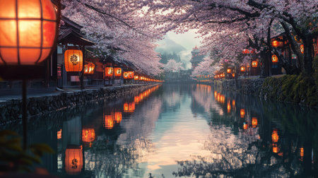 A tranquil scene featuring cherry blossoms in full bloom along a peaceful river, illuminated by lanterns. The water reflects the gentle petals and creates a serene atmosphere perfect for relaxation.の素材