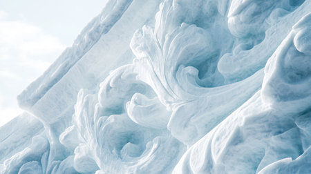An exquisite close-up of intricate frost patterns on a sculpted ice surface, showcasing the delicate beauty and elegance of nature's artistry.の素材