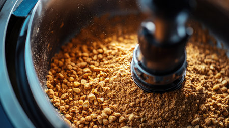 Close-up view of finely ground coffee in a grinder, capturing the rich texture and color. Perfect for illustrating the coffee brewing process and freshness.の素材