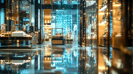 Discover the interior of a luxurious retail store featuring elegant showcases, captivating lighting, and modern design elements that create a glamorous shopping atmosphere.の素材