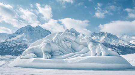 A stunning snow sculpture depicting a lion and fox set against a beautiful winter backdrop, highlighting the artistry and creativity of snow artistry in nature.の素材