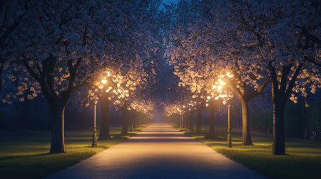 This tranquil night scene features blooming cherry blossom trees lining a softly illuminated pathway, creating a peaceful atmosphere perfect for evening strolls.の素材
