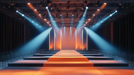 A captivating fashion show runway featuring stunning lights and empty seating, showcasing a modern aesthetic. The dramatic setup highlights creative design elements.の素材