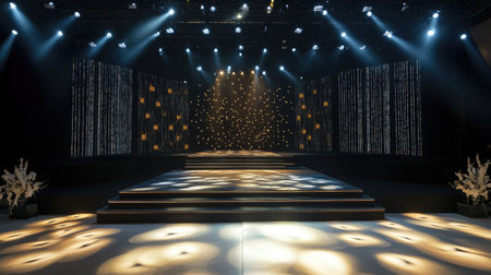 A beautifully designed stage setup featuring dramatic lighting effects and elegant decor, perfect for performances, events, and artistic presentations.の素材