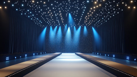 Stunning fashion runway features dramatic lighting and a sparkling backdrop, creating an elegant atmosphere perfect for events or showcases.の素材