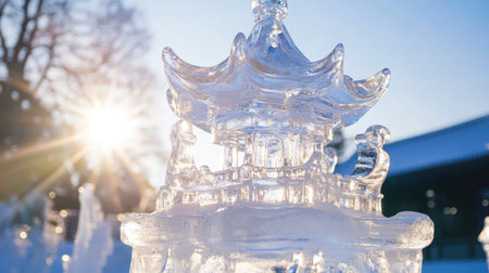 A stunning ice sculpture depicting a pagoda catches sunlight in a winter landscape. The clear artistry showcases intricate details, reflecting the beauty of cold seasons.の素材