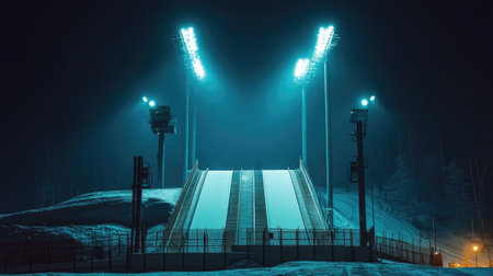 A dramatic nighttime view of a snow sports jumping ramp illuminated by bright floodlights. This scene captures the winter chill and silent anticipation of athletic competition.の素材