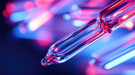 A stunning close-up of a glass pipette with colorful neon light effects. Featuring vibrant hues, this image captures the elegance and precision of laboratory tools used in scientific research.の素材