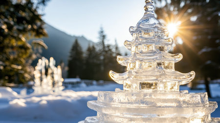 A stunning ice sculpture shines in the winter sunlight, capturing the beauty of the season. The serene landscape is perfect for winter-themed projects.の素材