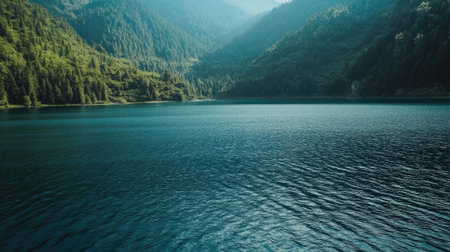 A serene mountain lake reflects surrounding lush forests and majestic peaks. This peaceful landscape invites relaxation and exploration in nature's beauty.の素材