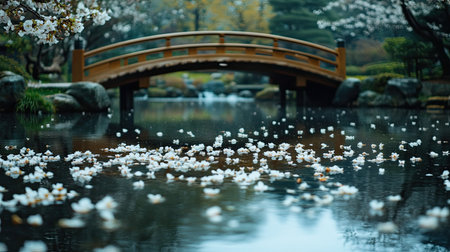 A serene garden scene featuring a wooden bridge over a calm pond, adorned with floating blossoms. Perfect for evoking tranquility and natural beauty.の素材