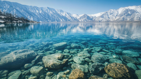 This stunning image showcases a crystal clear lake with a rocky bottom, surrounded by majestic snow-capped mountains. A perfect representation of nature's tranquility and beauty.の素材