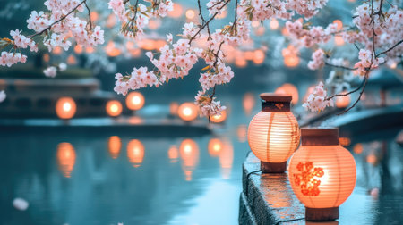 This enchanting image features delicate cherry blossoms and glowing lanterns by a tranquil water setting, creating a serene atmosphere for peaceful moments.の素材