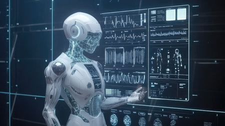 A futuristic robot interacts with an advanced digital display, showcasing data analysis and technology integration in a high-tech environment.の素材