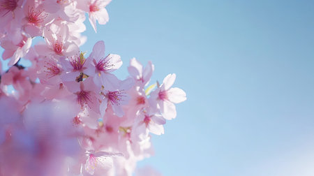 A stunning display of delicate pink cherry blossom flowers against a clear blue sky, capturing the essence of spring's beauty and tranquility in nature.の素材