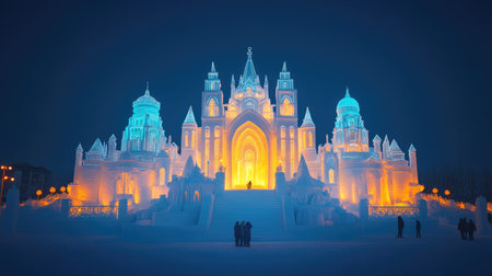 Stunning ice castle shines brightly at night with vibrant colors. Captivating winter scene showcasing intricate architecture and magical ambiance.の素材