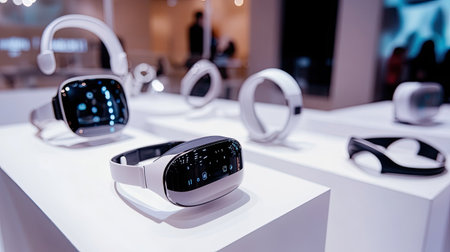 Display of modern virtual reality headsets at a technology exhibition, showcasing innovative design and advanced features in a sleek environment for immersive experiences.の素材