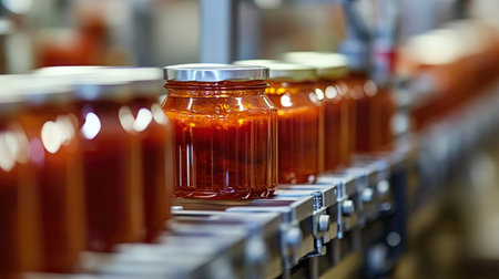 A detailed view of glass jars filled with vibrant tomato sauce on an industrial production line, showcasing the food processing industry and quality manufacturing.の素材
