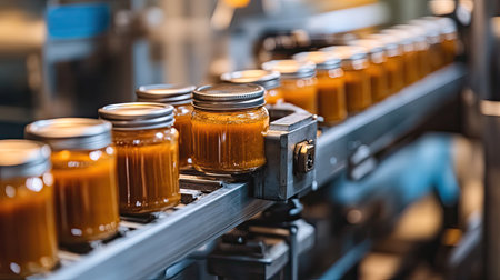 An assembly line displays jars filled with golden honey in a modern food processing facility, showcasing the intricate process of packaging natural products.の素材