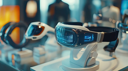 A sleek virtual reality headset showcased prominently, highlighting cutting-edge technology in an immersive exhibition environment. Perfect for showcasing innovation.の素材