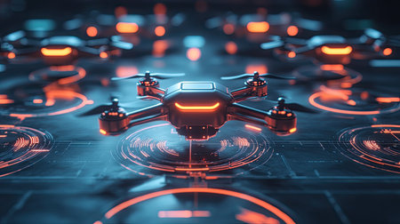Explore a stunning futuristic drone surrounded by neon lights and digital elements. This captivating image highlights advanced technology in a vibrant setting.の素材
