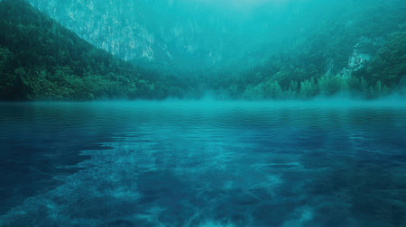 Experience a serene view of a misty lake surrounded by majestic mountains. The tranquil blue waters and atmospheric fog create a peaceful natural landscape.の素材