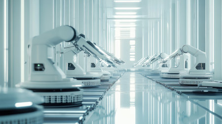 A spacious production facility showcasing advanced industrial robots performing automated tasks. The modern design emphasizes efficiency and innovation in technology.の素材