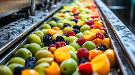 A vibrant collection of fresh fruits is seen on a conveyor belt in a modern processing facility, showcasing the beauty and variety of nature's bounty ready for packaging and distribution.の素材