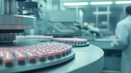 A modern laboratory showcases the automated production of pharmaceutical vials, highlighting advanced technology and sterile processes essential for healthcare and safety.の素材