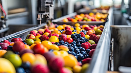 A vibrant array of fresh fruits flows along a conveyor belt in a processing facility. This colorful scene showcases the richness of agricultural produce ready for market.の素材