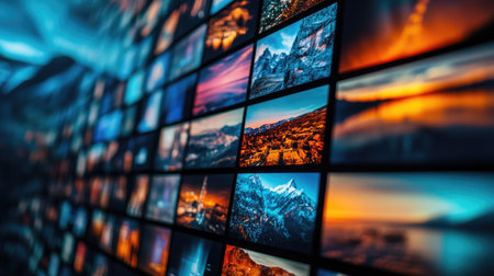 A dynamic display of stunning landscape photographs showcases nature's beauty across vibrant screens, inviting viewers to explore diverse scenery and artistic expressions.の素材
