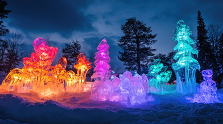 Stunning winter scene featuring vibrant ice sculptures illuminated by colorful lights, creating a magical atmosphere perfect for seasonal decor and outdoor events.の素材