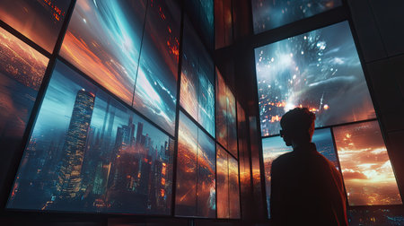 A silhouette figure stands against futuristic illuminated screens showcasing a vibrant cityscape, merging technology and art in a vivid urban exploration.の素材
