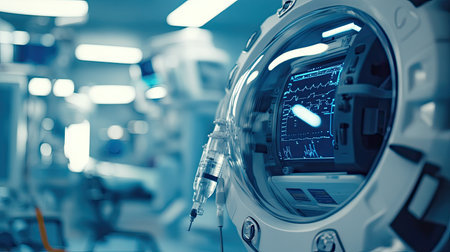 A close-up view of advanced medical equipment showcasing a high-tech monitor and an IV drip in a futuristic healthcare facility, highlighting innovation in patient care.の素材
