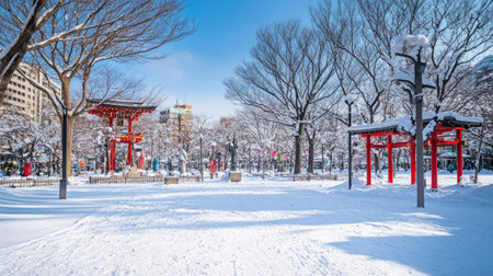 A breathtaking snowy park featuring traditional red torii gates amidst a winter landscape. The serene atmosphere invites visitors to explore the beauty of nature.の素材