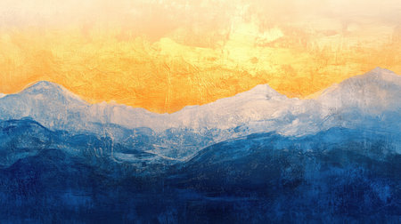 A captivating abstract landscape featuring majestic mountains under a warm sunset glow. The textured brushstrokes combine blue and orange tones for a serene, tranquil atmosphere.の素材