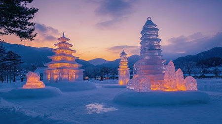 Beautiful ice sculptures illuminated at dusk create a magical winter landscape. The softly glowing structures stand against a stunning mountain backdrop, evoking tranquility.の素材