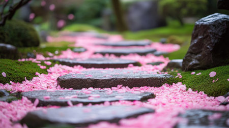 A serene garden pathway adorned with pink petals invites tranquility. Stone slabs create a gentle walkway, surrounded by lush greenery and blooming flowers, representing nature's beauty.の素材